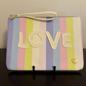 Betsey Johnson "Love" Pastel Striped Zippered Large Clutch